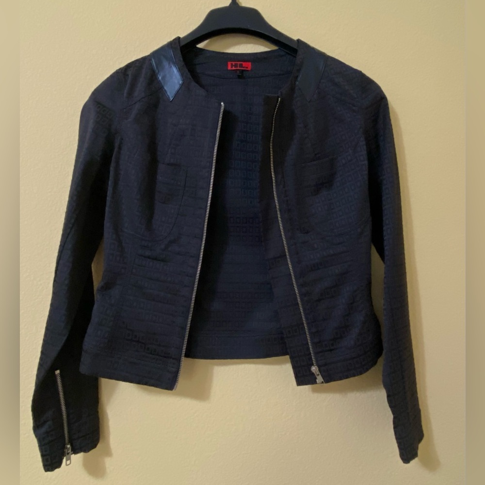 Women's black jacket with faux leather details on the neck,metal zipper, Size S
